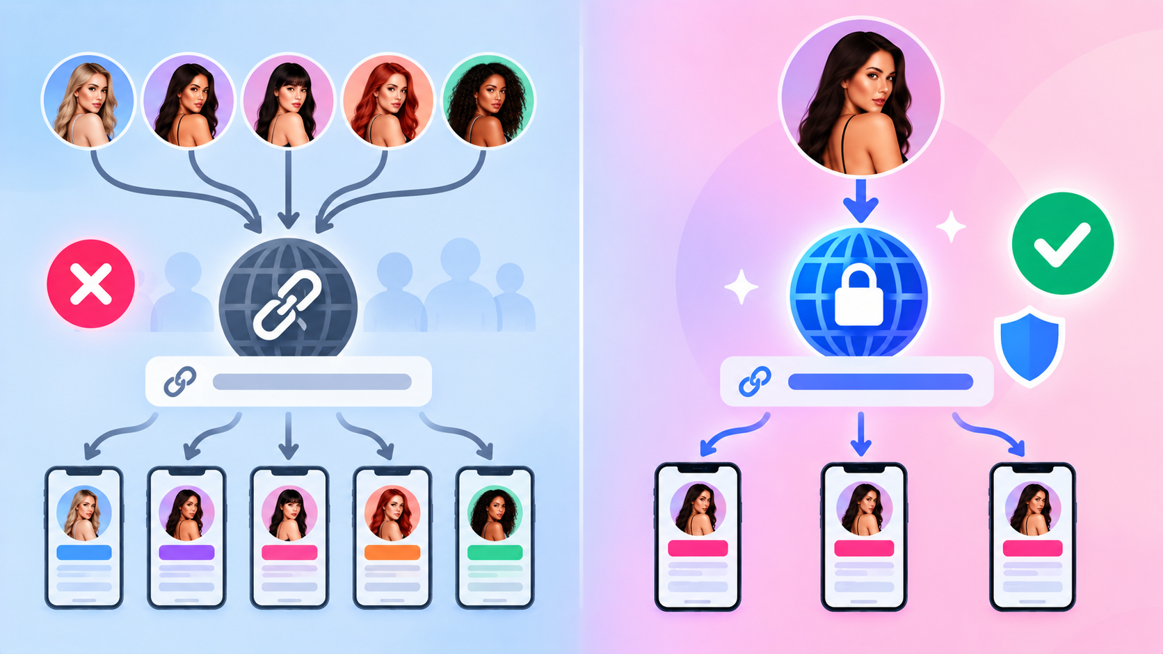Diagram contrasting many creators sharing one shortener domain with a creator on their own domain.