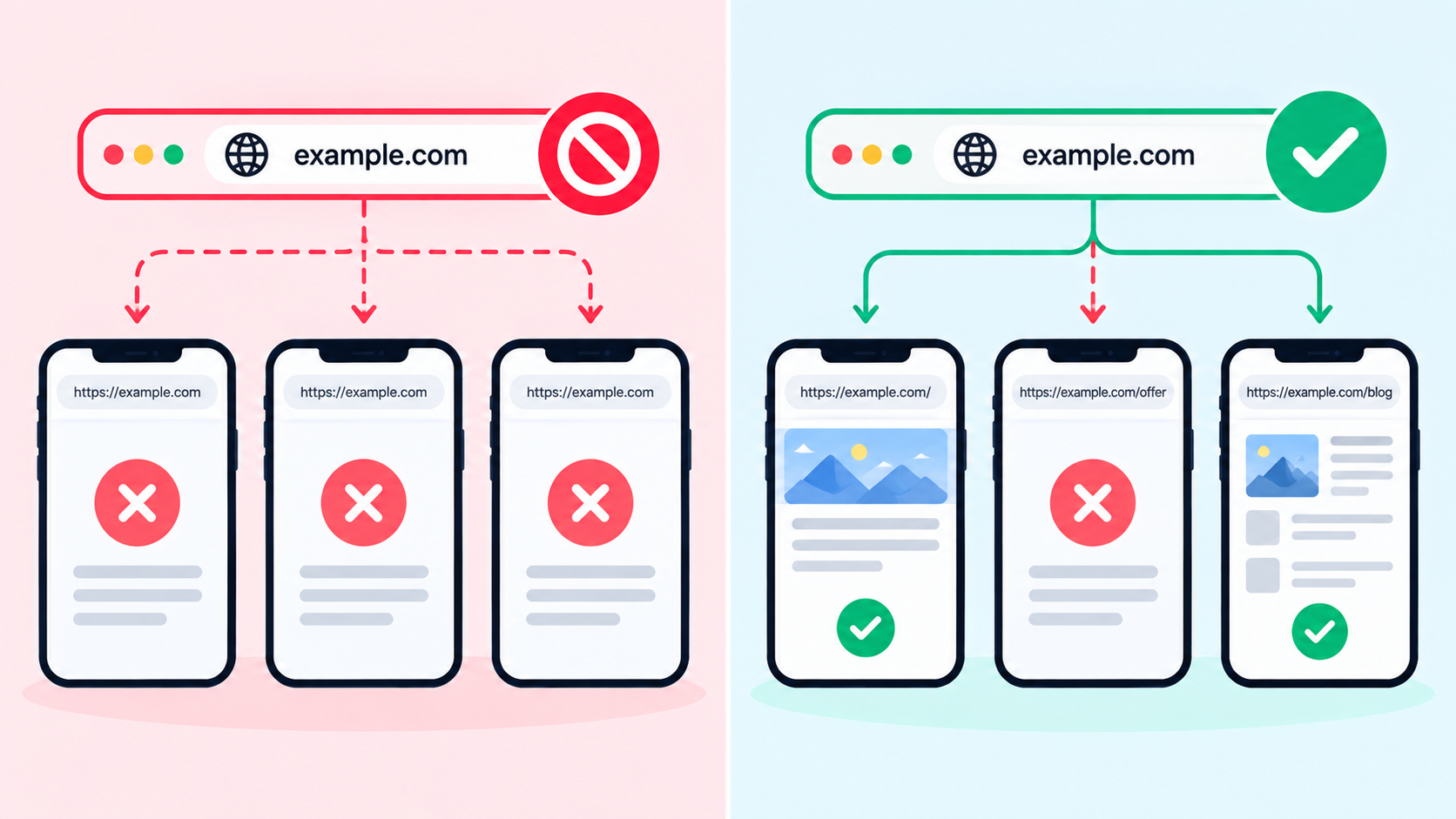 Instagram Bio Link Not Working? How to Fix It 6 Diagram comparing a blocked whole domain with a single blocked link path on a working domain.
