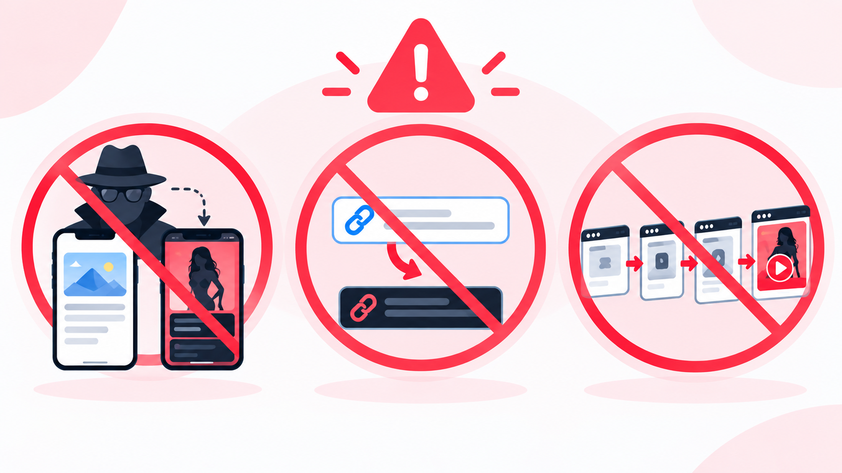 Instagram Bio Link Not Working? How to Fix It 8 Warning graphic showing cloaking, misleading links, and fake redirect steps crossed out.