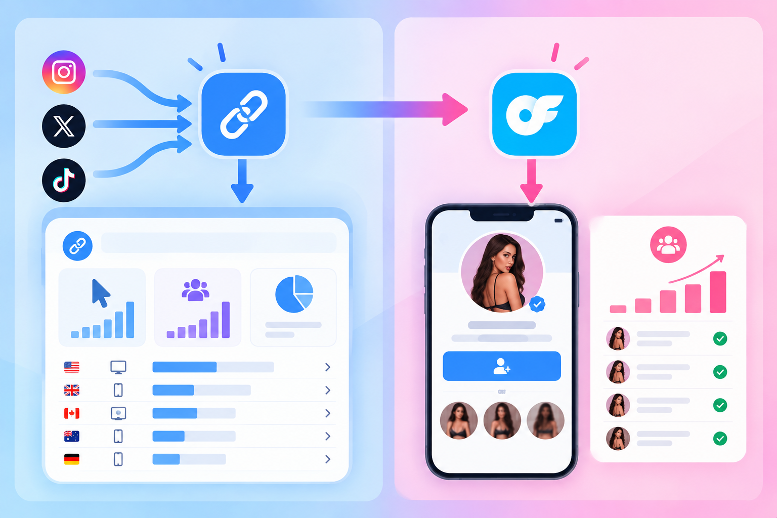 OnlyFans Link Tracker: Track Traffic Sources and Campaigns 2 Diagram showing an OnlyFans tracking link reporting subscriptions and a short link reporting click details.