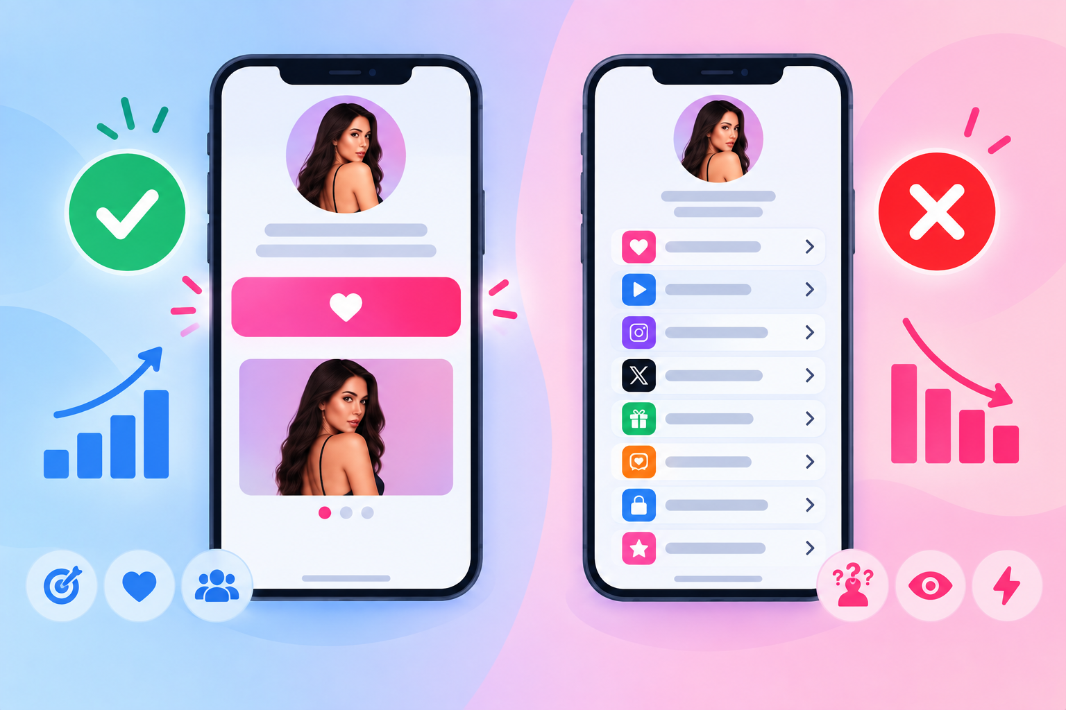 OnlyFans Landing Page: What to Include for More Conversions 5 Comparison of a focused single-button creator page against a diluted eight-link directory page.
