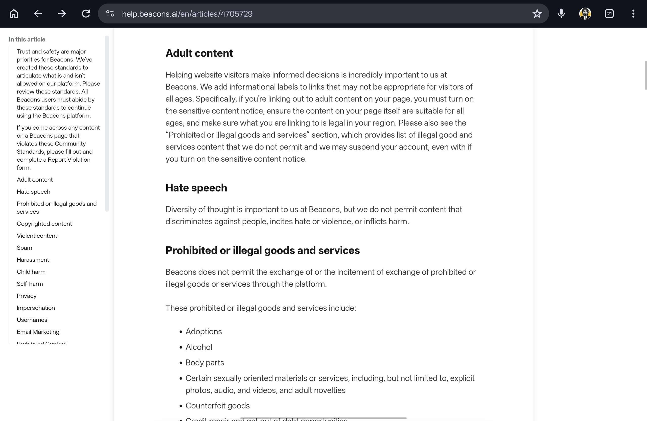 Beacons' Community Standards article